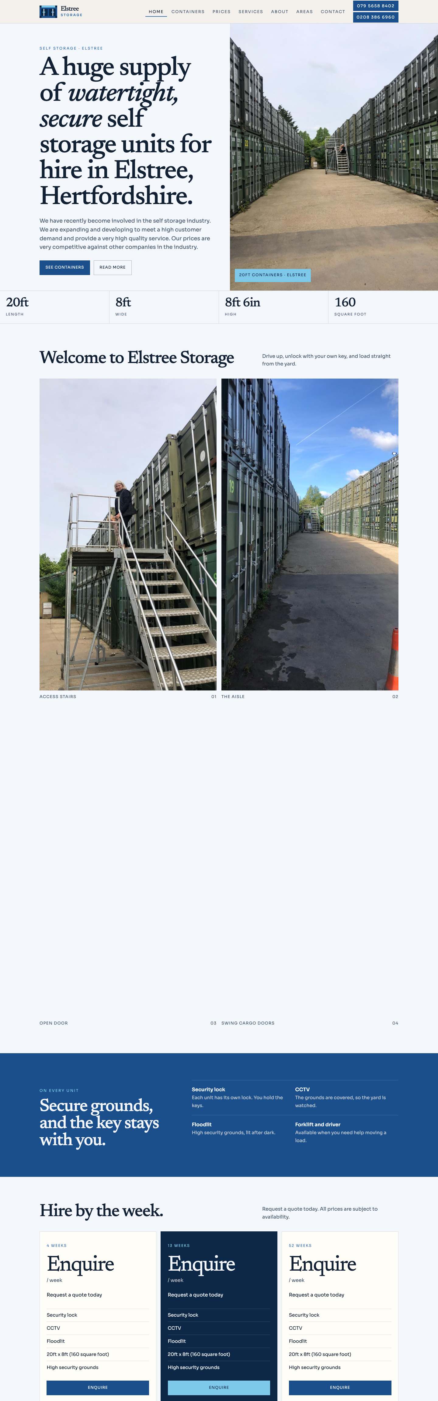 Elstree Storage homepage, the full page on a desktop