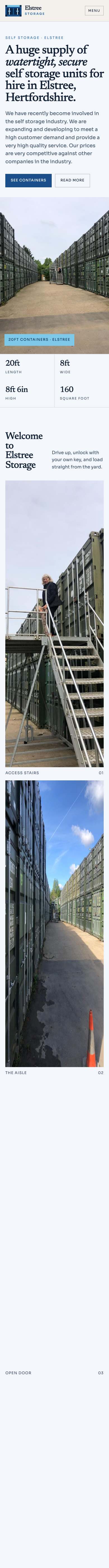 Elstree Storage homepage, the full page on a phone