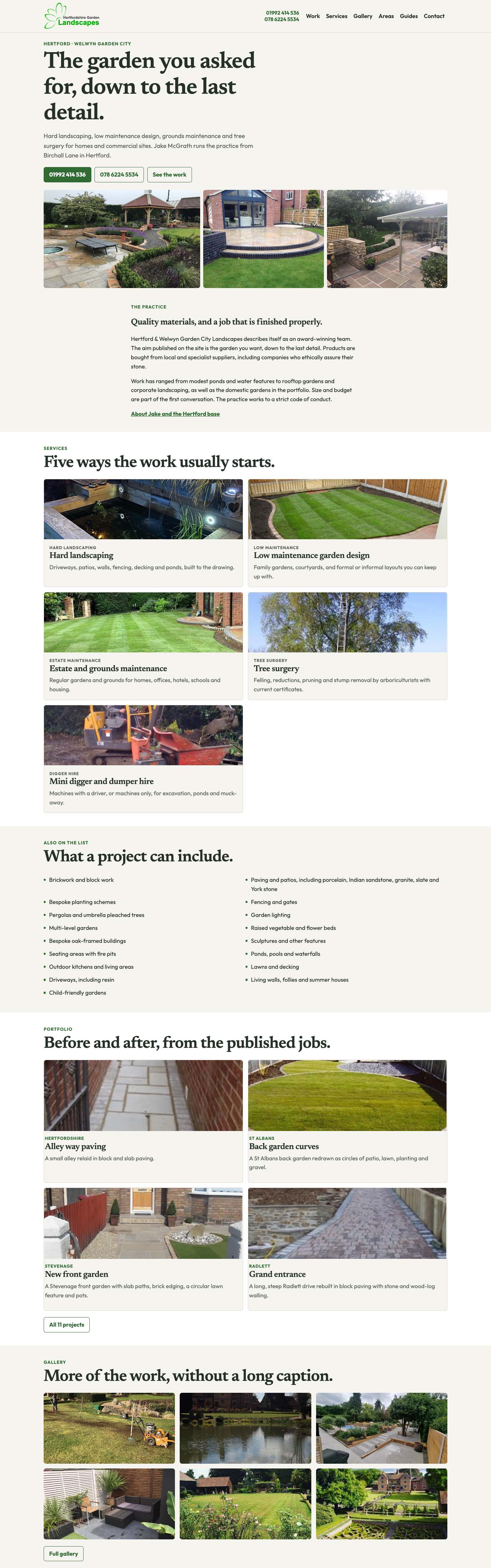 Hertford Landscapes homepage, the full page on a desktop