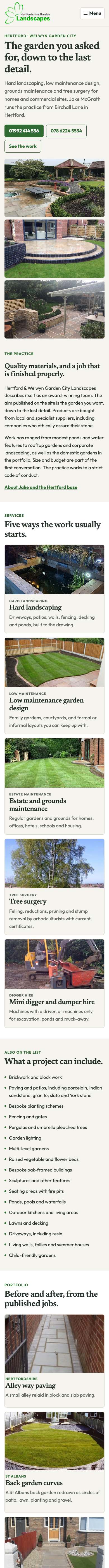 Hertford Landscapes homepage, the full page on a phone