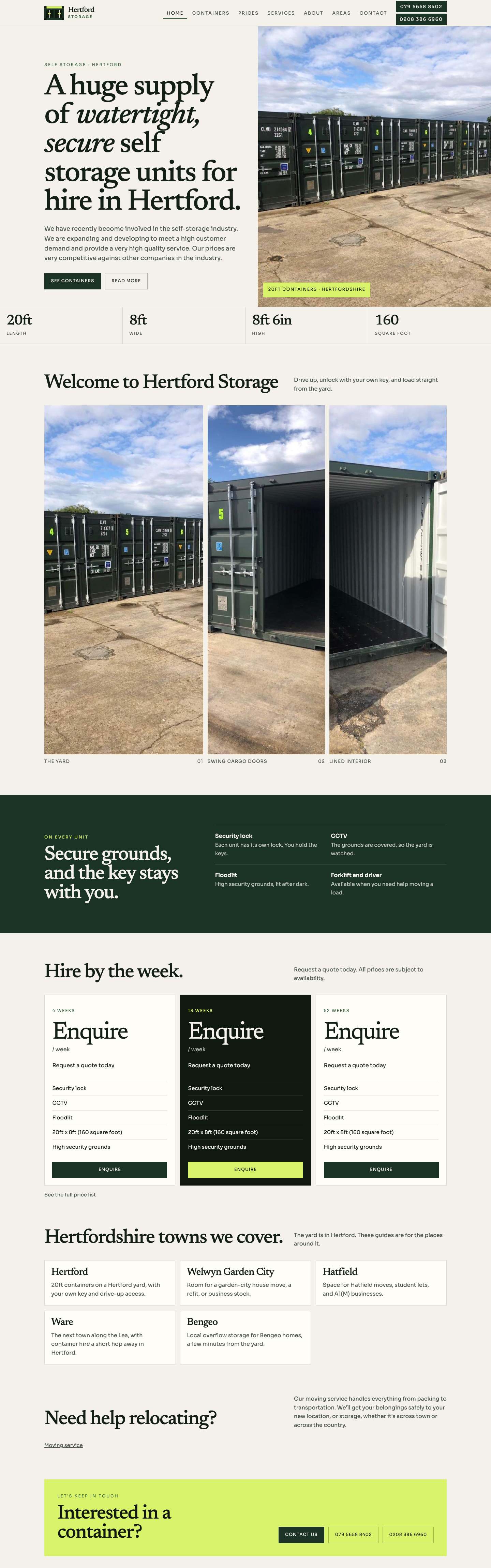 Hertford Storage homepage, the full page on a desktop