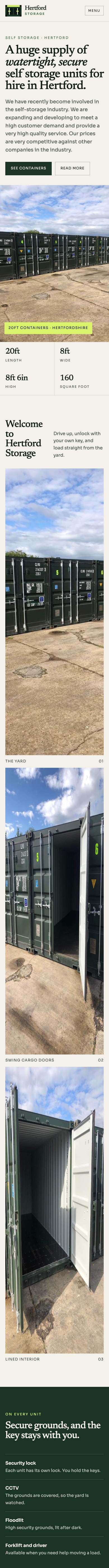 Hertford Storage homepage, the full page on a phone