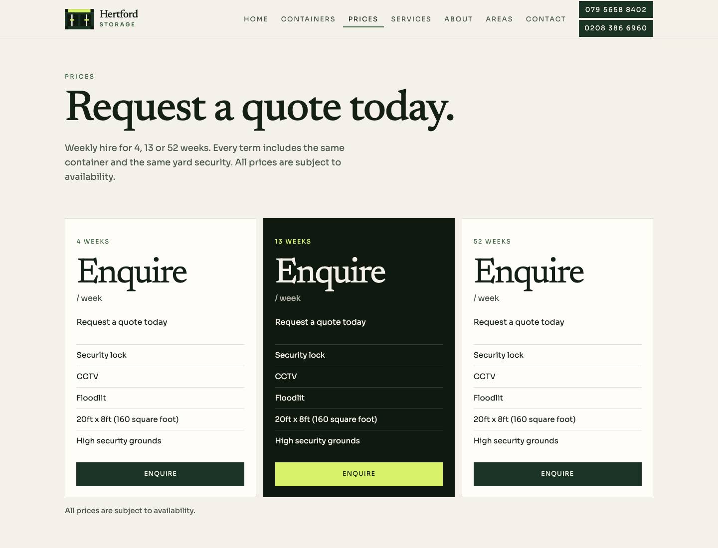 Hertford Storage, Prices