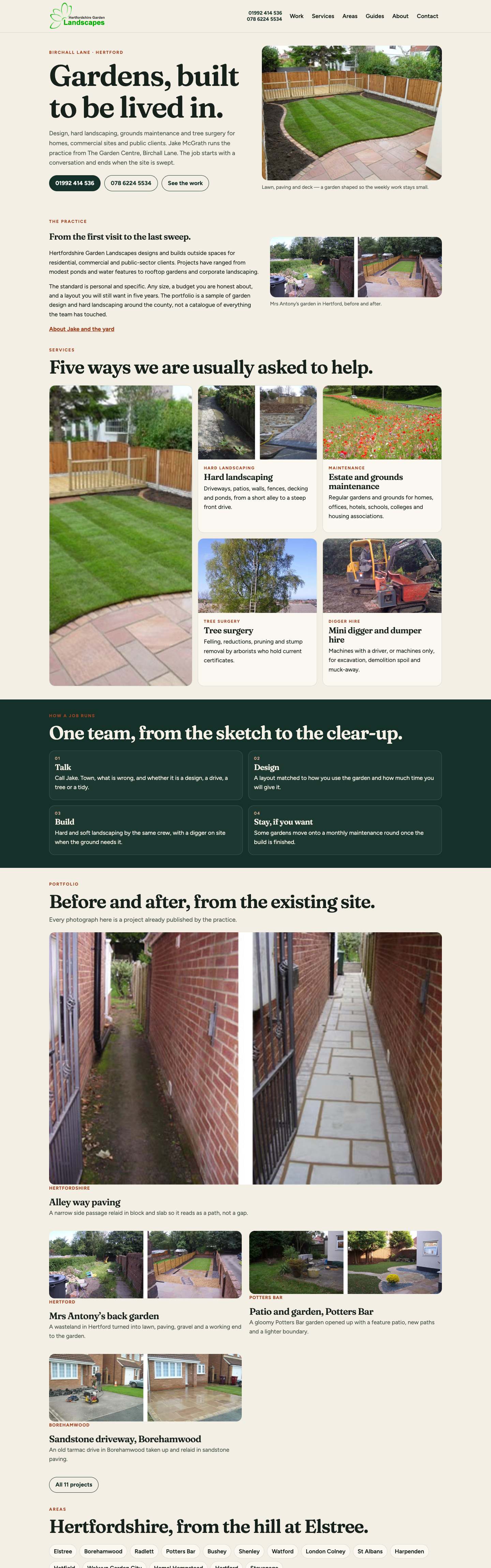 Hertfordshire Garden Landscapes homepage, the full page on a desktop