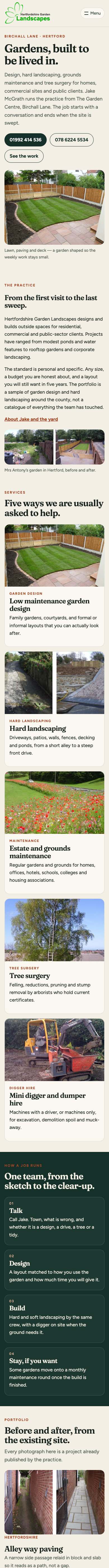 Hertfordshire Garden Landscapes homepage, the full page on a phone