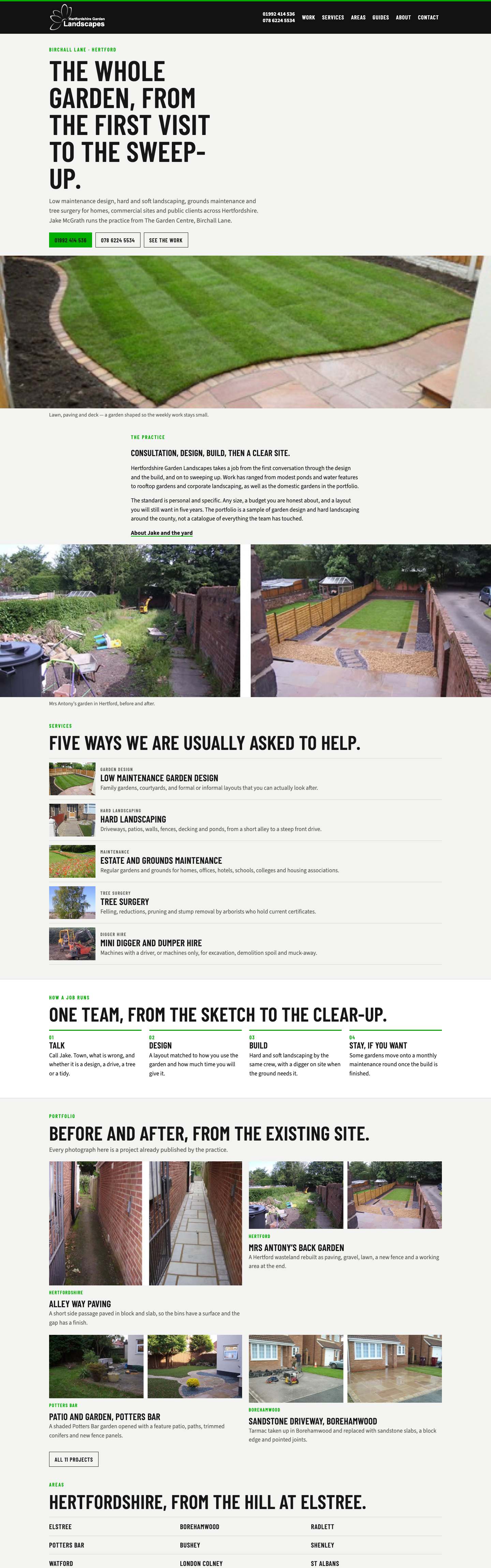 Hertfordshire Garden Landscapes homepage, the full page on a desktop