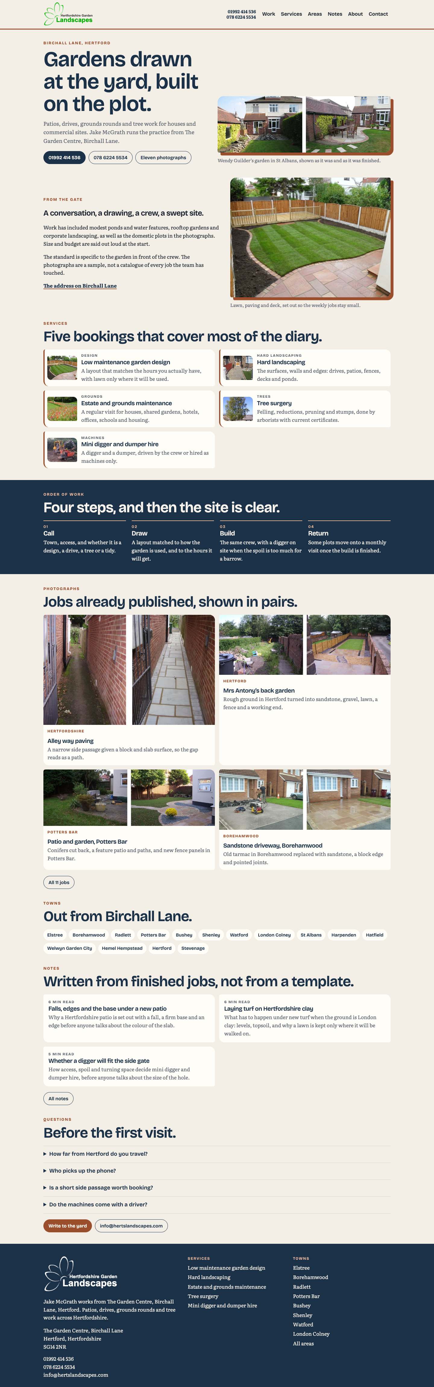 Hertfordshire Garden Landscapes homepage, the full page on a desktop