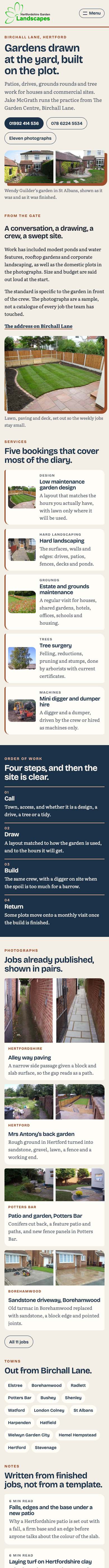 Hertfordshire Garden Landscapes homepage, the full page on a phone