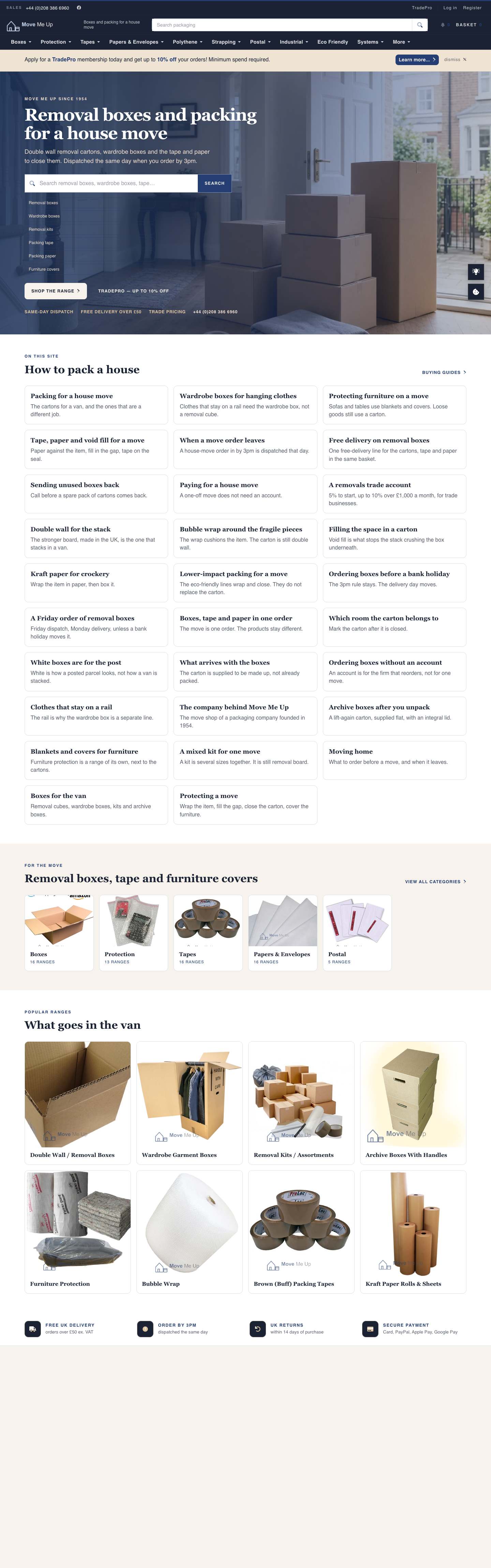 Move Me Up homepage, the full page on a desktop