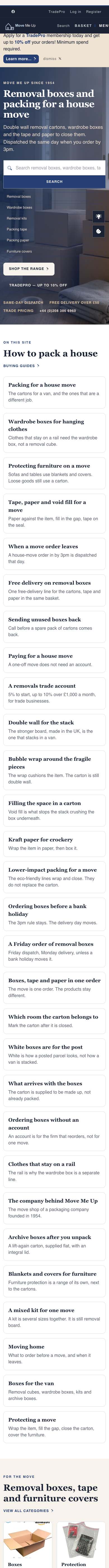 Move Me Up homepage, the full page on a phone