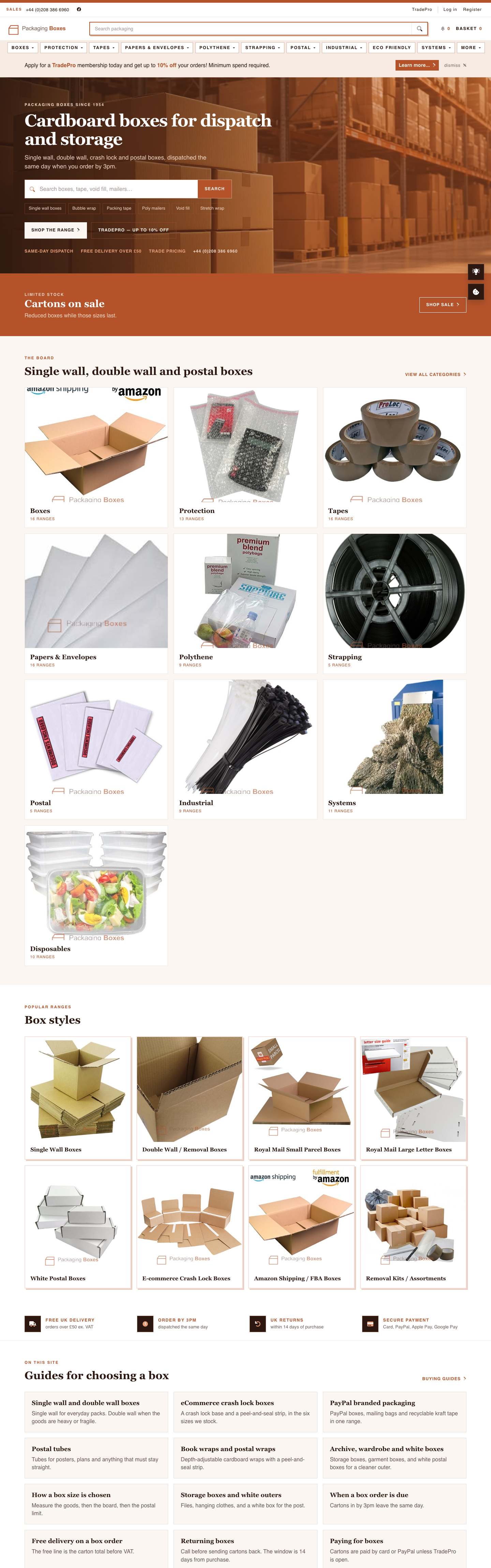 Packaging Boxes homepage, the full page on a desktop