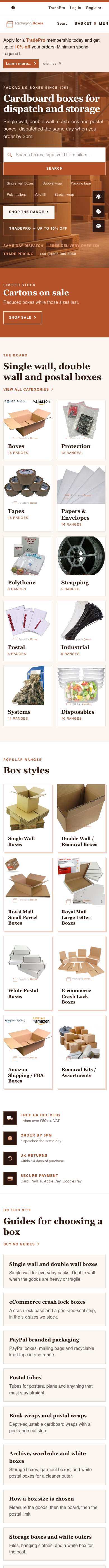 Packaging Boxes homepage, the full page on a phone