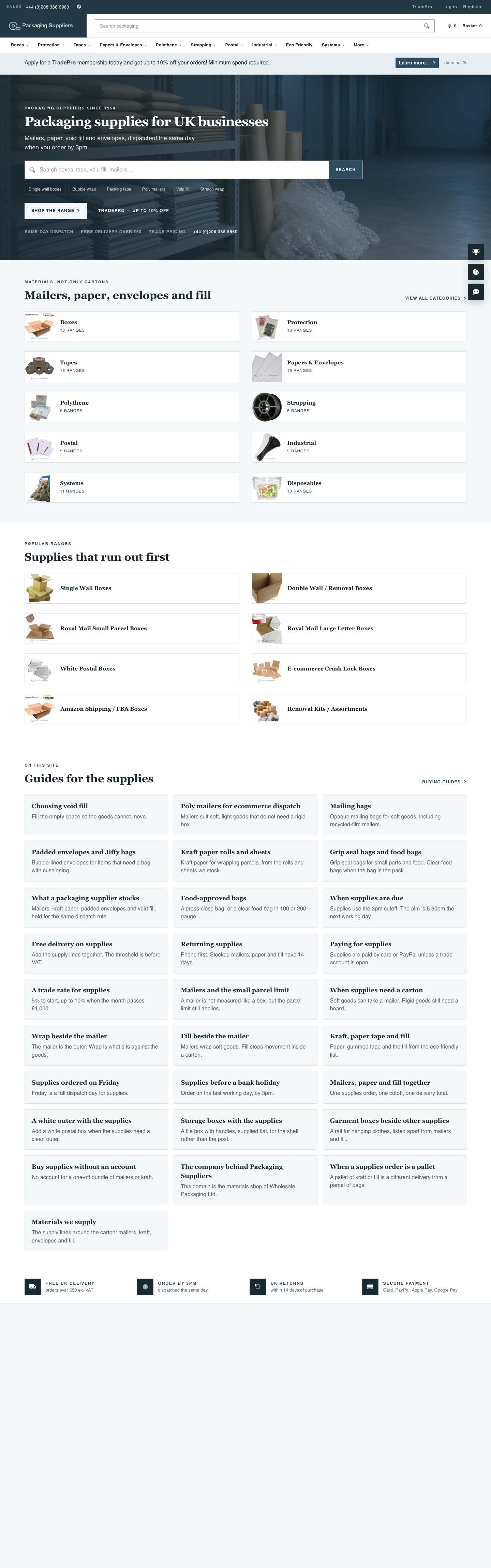 Packaging Suppliers homepage, the full page on a desktop