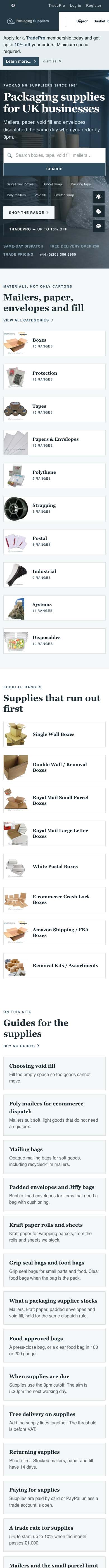 Packaging Suppliers homepage, the full page on a phone