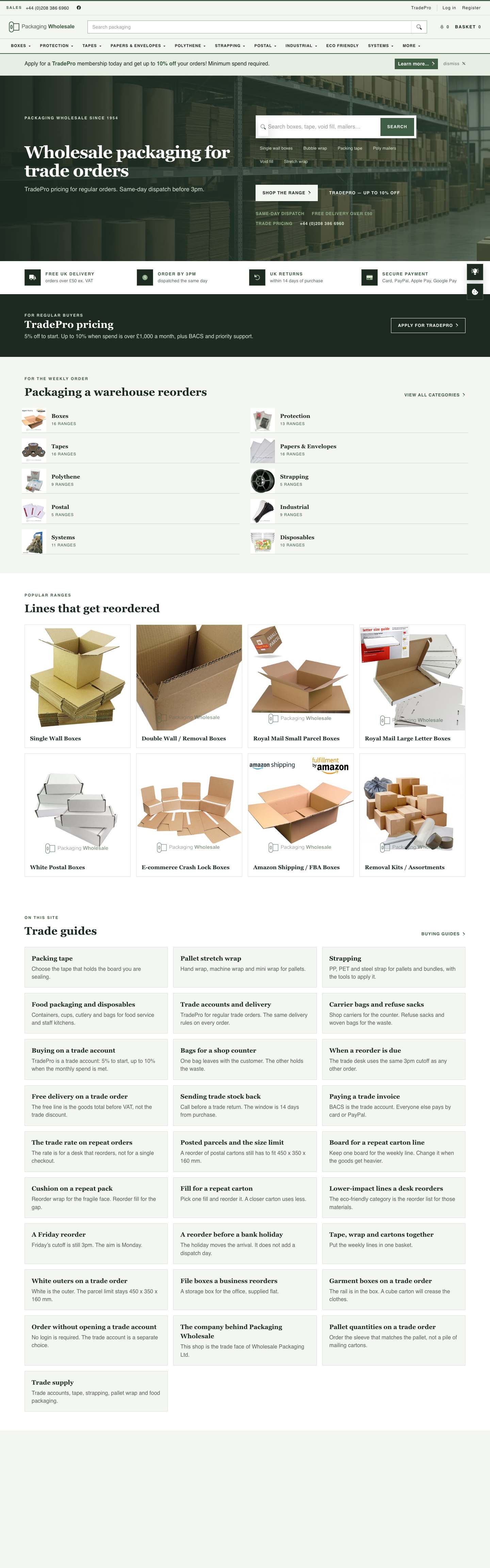 Packaging Wholesale homepage, the full page on a desktop