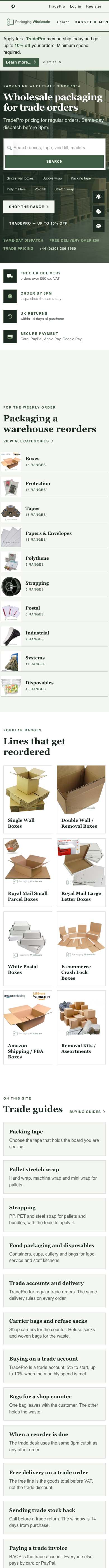 Packaging Wholesale homepage, the full page on a phone