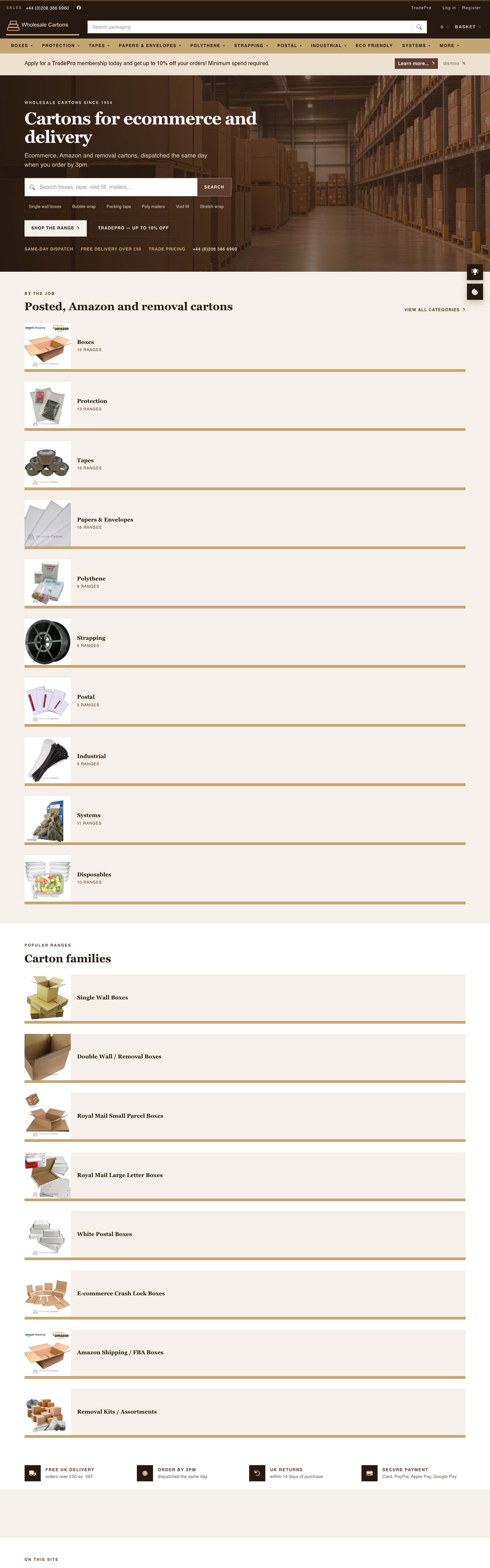 Wholesale Cartons homepage, the full page on a desktop