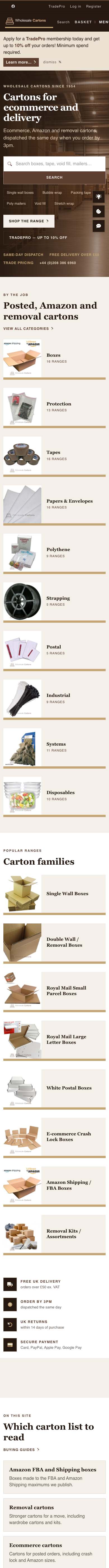 Wholesale Cartons homepage, the full page on a phone