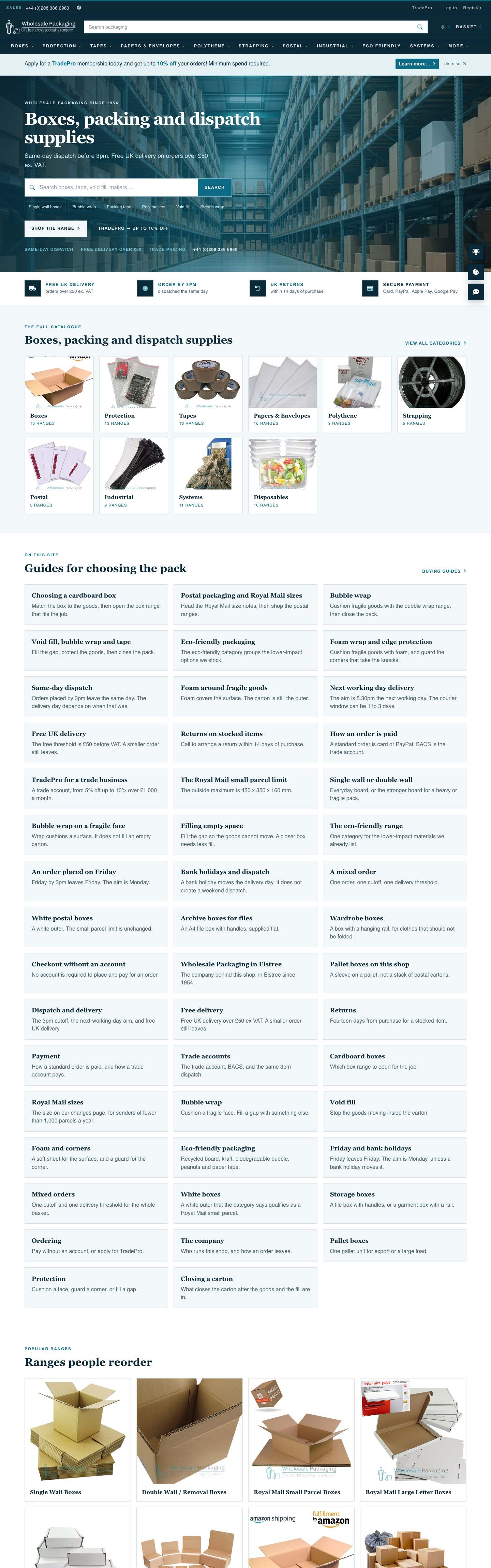 Wholesale Packaging Ltd homepage, the full page on a desktop