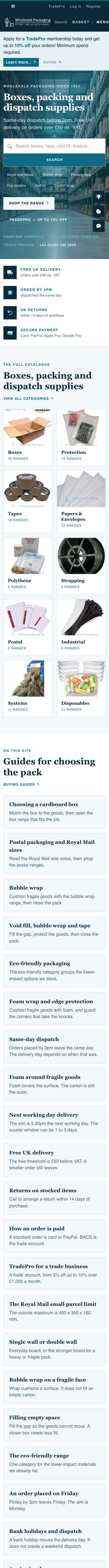 Wholesale Packaging Ltd homepage, the full page on a phone